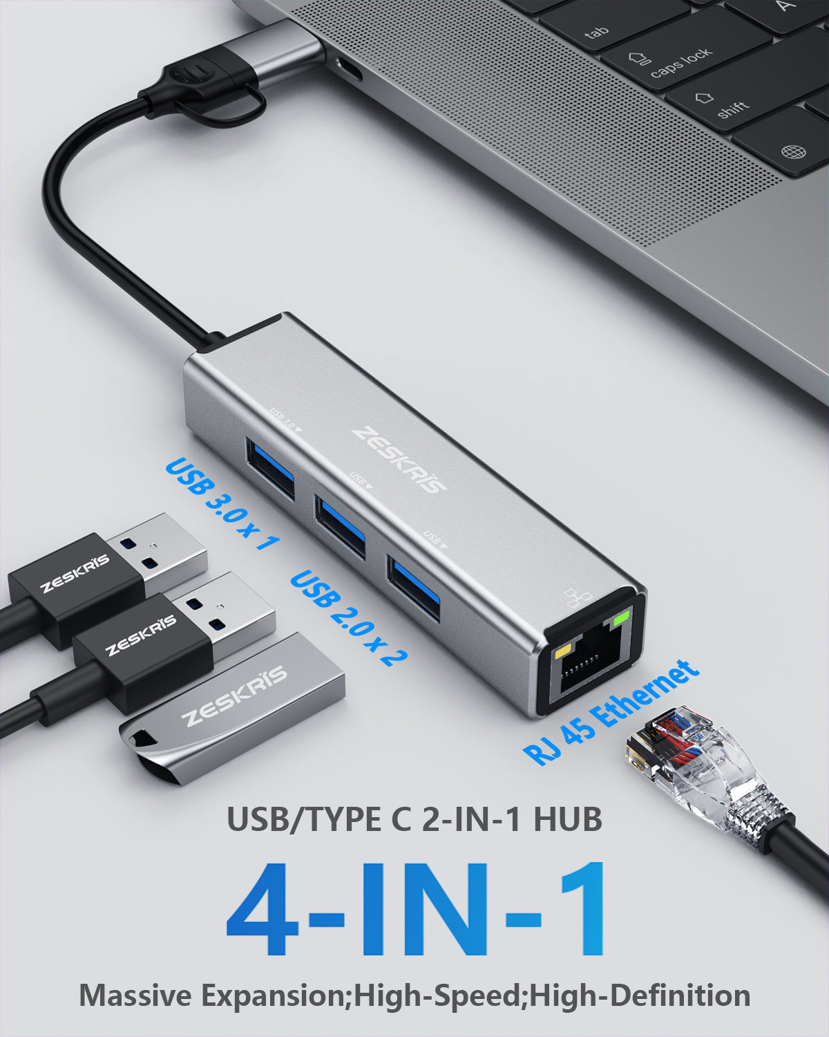 ZESKRIS 4 in 1 USB C Hub with 100Mbps Ethernet Port