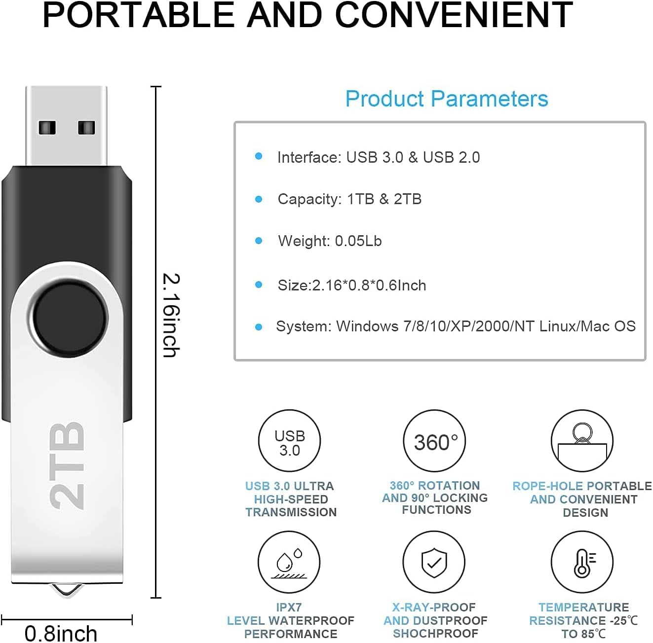 2TB USB Flash Drive, Portable Thumb Drive Memory Stick for PC/Laptop (2000GB)